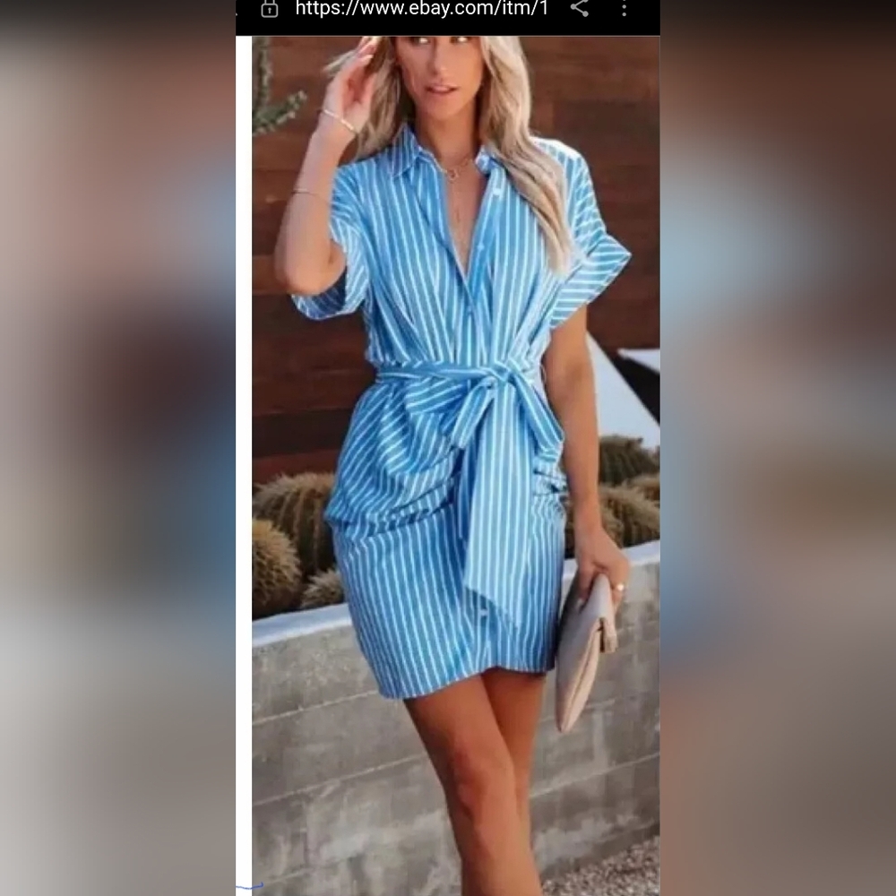 Vici Blue/White Striped Button-Down Dress Vici